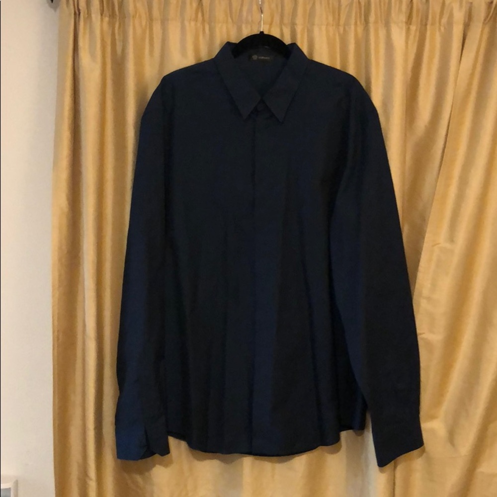 Versace navy dress shirt covered placket